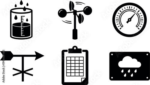Black silhouette vector icons set featuring measuring rain gauge anemometer speedometer wind vane clipboard and rain cloud symbols