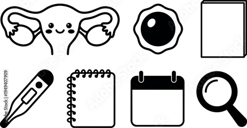 Cute smiling uterus with ovaries and black and white icons including thermometer calendar magnifying glass notebook and fried egg vector line art set