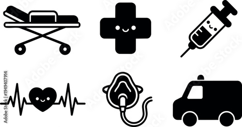 Cute medical icon set showing smiling syringe oxygen mask ambulance stretcher and heart pulse line in flat black style