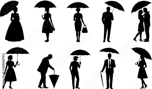 People with umbrella silhouette set, rainy weather walking figures collection, men women couple under umbrella isolated flat vector illustration