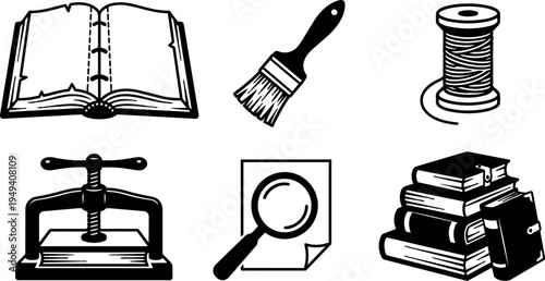 Black and white vector art of book binding tools including open book brush thread spool press magnifying glass and stacked books icons