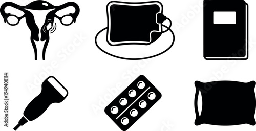 Black and white medical icons set with female reproductive system pillow ultrasound probe blood bag medication pack and notebook
