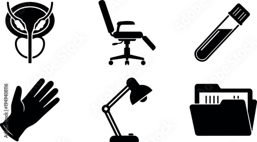 Black silhouette set of medical and office icons including urology organ test tube glove desk lamp and swivel chair