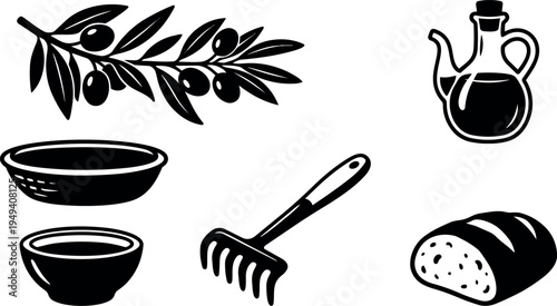 Black silhouette olive branch bread rake oil jug and bowls hand drawn rustic food elements set