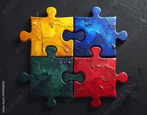 Four brightly colored puzzle pieces are arranged together on a textured, dark background