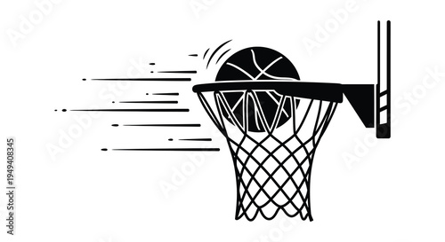 A black silhouette of a basketball going through a hoop with speed lines representing a score silhouette high quality professional detailed