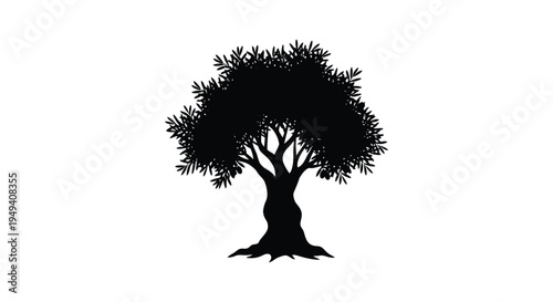 A detailed black silhouette of a mature leafy tree with a thick trunk and sprawling branches silhouette high quality professional modern