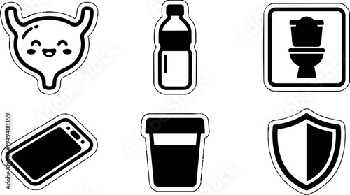 Black and white vector icons set including happy bladder smiling bottle smartphone toilet shield and cup symbols