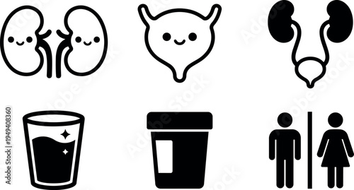 Cute kidney and bladder black line art icons with urine cup and restroom symbols in simple medical vector style
