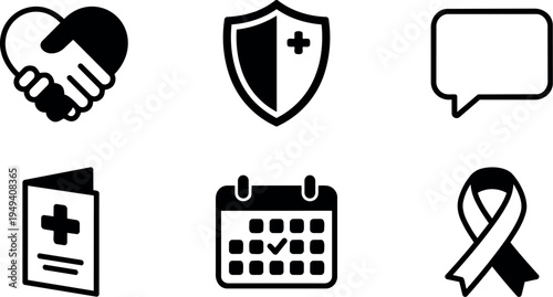 Black and white vector icons of heart handshake shield medical calendar and ribbon symbol set in minimalist design style