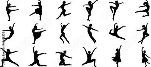 Ballet dancer silhouette collection, graceful female dance movement poses set, classical performance figures isolated flat vector illustration