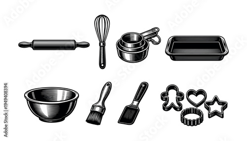Black and white baking utensils vector illustration with rolling pin and cookie cutters set