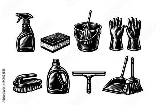 Black and white cleaning tools set illustration with spray bottle and gloves