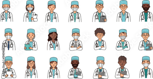 Set of diverse doctor characters and medical staff, cartoon illustrations of healthcare professionals in lab coats with stethoscopes, vector icons isolated on white background