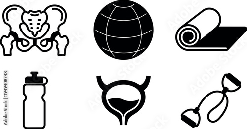 Black and white vector icons of human pelvis globe rolled mat water bottle bladder and resistance band exercise equipment collection