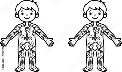 Black and white line art vector of smiling boy with lymphatic system anatomy front view illustration educational medical design