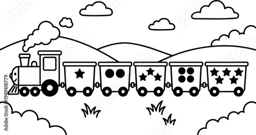 Black and white vector art simple steam train with smiling face and patterned carriages in countryside landscape with clouds