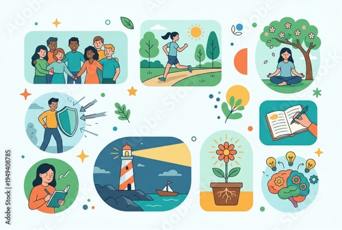 Engaging in collective growth and individual pursuits illustrated through dynamic figures fostering community bonds and self discovery in a harmonious nature filled environment