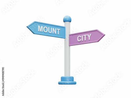 Directional signpost with mount and city arrows on white background