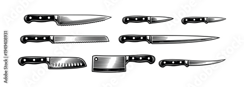 Vector illustration of various knives and kitchen cutlery in black and white silhouette style
