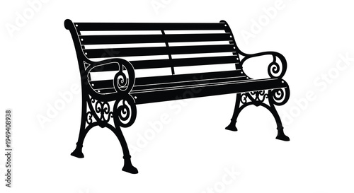 A detailed black silhouette of a vintage park bench with ornate metalwork and curved armrests silhouette high quality professional modern elegant