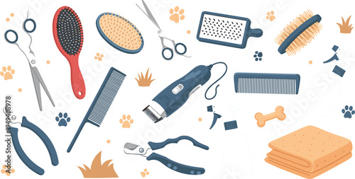 Set of pet grooming tools and accessories, flat illustrations of animal hair brushes, scissors, electric clippers and combs, pet care concept isolated on white background