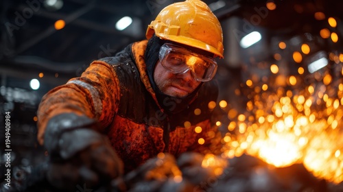 A dedicated worker in a forge focuses intensely as sparks fly around him, encapsulating the energy and craftsmanship associated with steel production and metalwork.