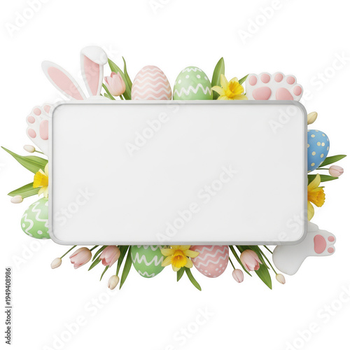 Easter eggs and bunny surrounded by flowers isolated on transparent background. Png