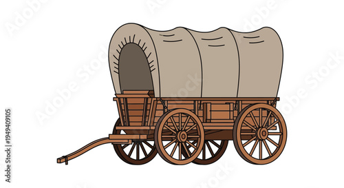 A colorful illustration depicts a covered wagon likely from the old west presented as a striking silhouette high quality professional detailed