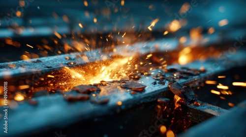 Close-up of a metalworking process captures dynamic sparks flying, revealing the artistry and energy in craftsmanship as molten metal transforms under skilled hands.