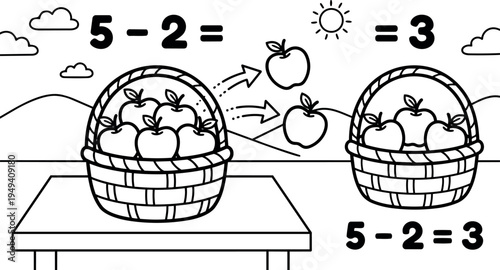 Black and white line art subtraction math example with apples in baskets educational vector illustration for children learning math