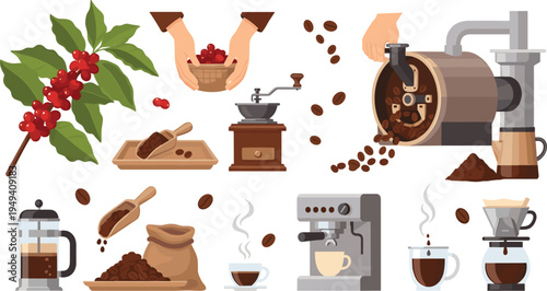 Coffee Production and Brewing Process Set with Coffee Beans Plant Roasting Grinding Espresso Machine and Brewing Methods Vector Illustration Collection
