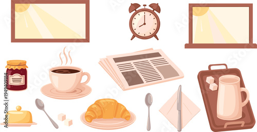 Cozy Breakfast Food and Morning Elements Set with Coffee Cup Croissant Butter Jam Newspaper Clock Kitchen Vector Illustration Collection