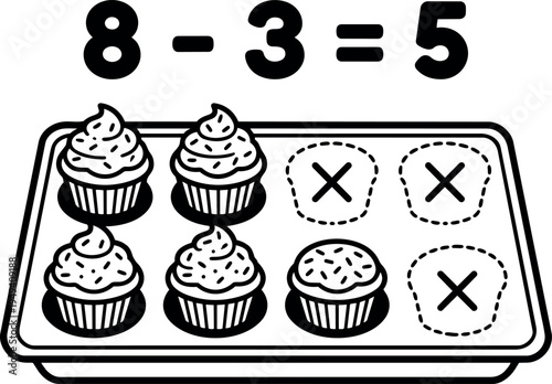 Black and white educational vector illustration showing subtraction problem eight minus three equals five with cupcakes on tray