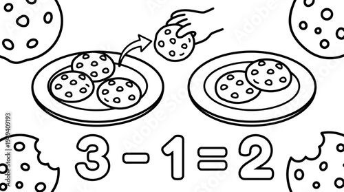 Simple black and white line art subtraction math illustration showing three cookies minus one cookie equals two cookies with hand taking cookie
