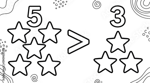 Black line art vector illustration of five stars greater than three stars rating comparison on white background