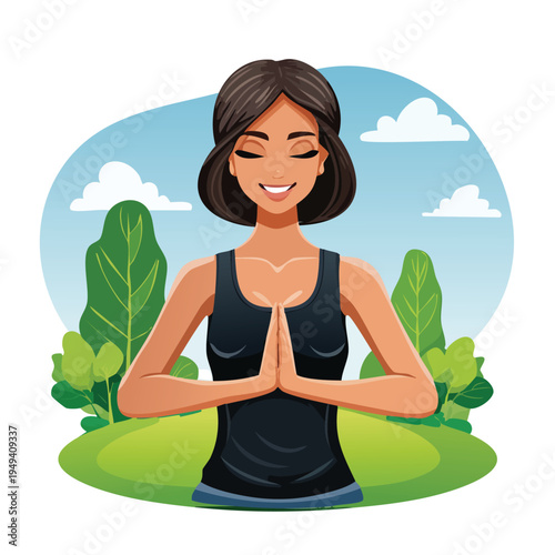 Woman practicing yoga outdoors with closed eyes cartoon style