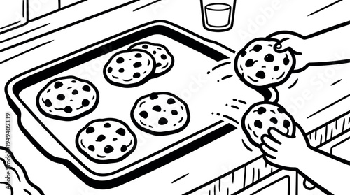 Black and white vector art hands holding freshly baked chocolate chip cookies from baking tray on kitchen countertop with glass of milk