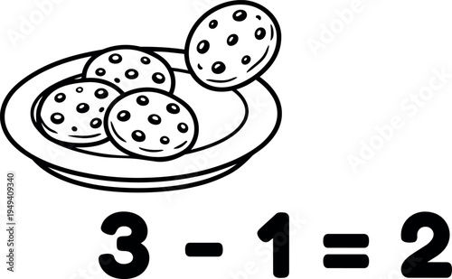 Simple black and white vector plate with chocolate chip cookies one cookie removed subtraction math concept illustration