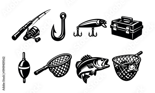 Black and white fishing gear and fish vector illustration set with hook and net