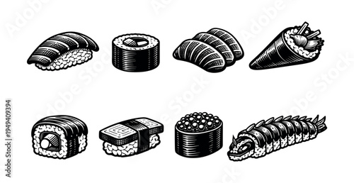 Black and white vector illustrations of various sushi and rolls in silhouette style