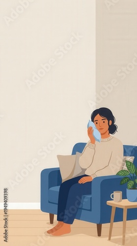 Woman sitting on sofa at home holding blue gel ice pack to forehead, suffering from migraine, headache, or fever, feeling sick and tired, resting in living room with closed eyes, pain relief concept.