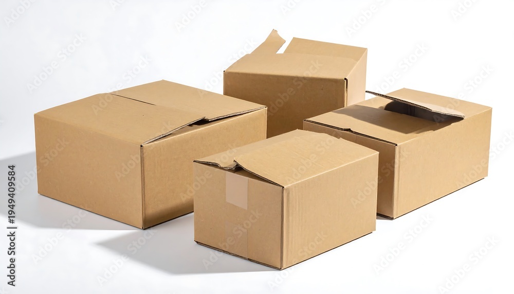 Fototapeta premium Four cardboard boxes arranged on a white background