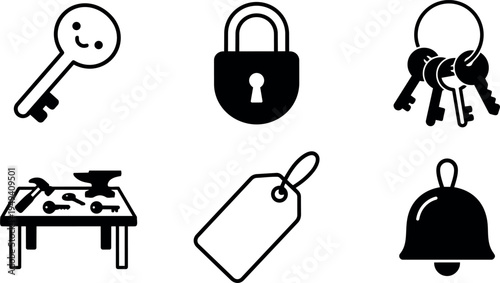 Black and white vector icons set smiling key padlock keys on ring workbench with tools tag and bell symbols