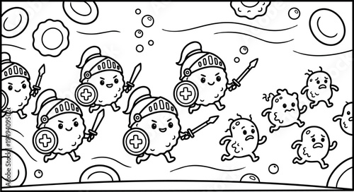 Cute immune cells wearing helmets and shields fighting harmful bacteria cartoon style vector illustration in black and white design