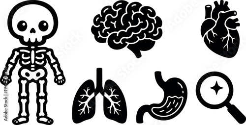 Cute skeleton character with brain heart lungs and stomach icons in simple black vector art style for educational medical design