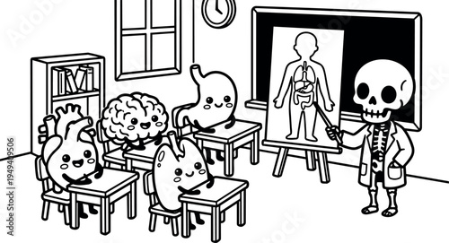 Funny cartoon skeleton teacher explaining human organs with heart brain stomach lungs sitting at classroom desks blackboard anatomy lesson