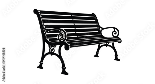 A black park bench with ornate detailing is depicted in a stark contrasting white background silhouette high quality professional detailed modern