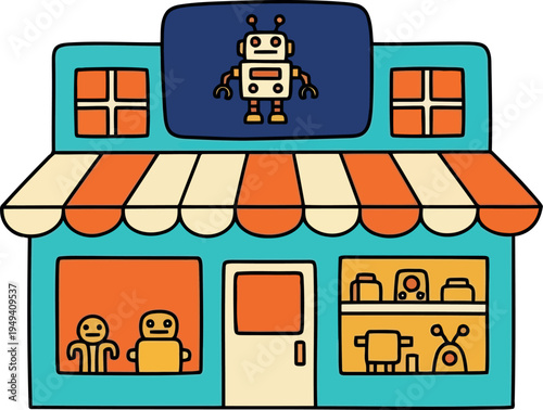 Colorful cartoon toy store with robot sign and playful window display illustration