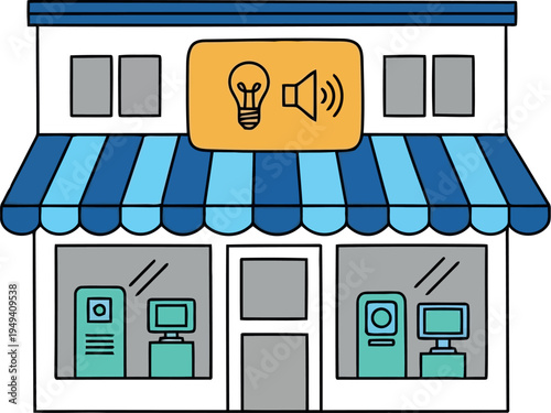 Electronics Storefront Illustration with Blue Awning and Technology Display in Flat Style